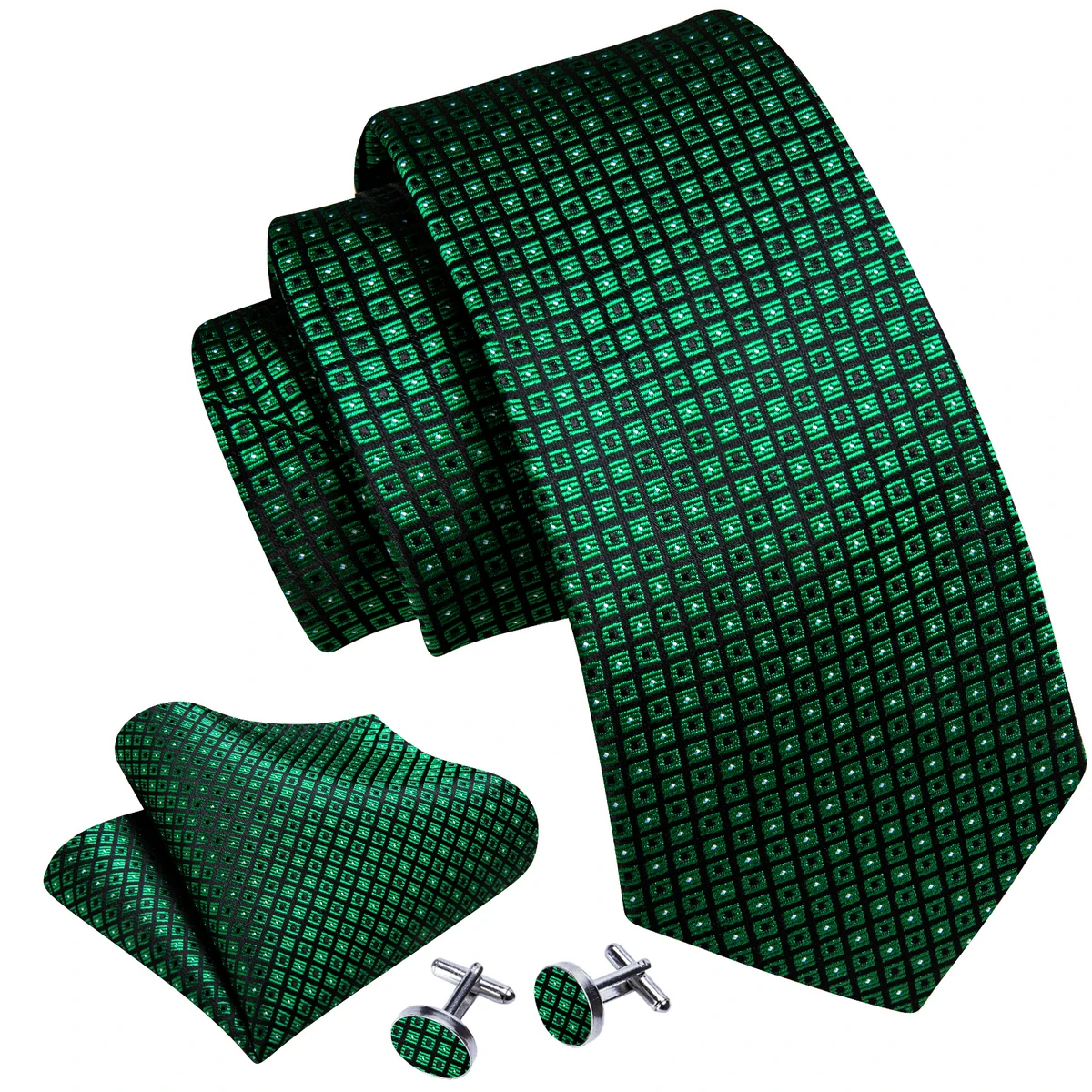 Luxury Silk Men Tie Set Green Black Plaid Necktie Handkerchief Cufflinks Wedding Business Party Gift Dropship Barry. Wang A-6129