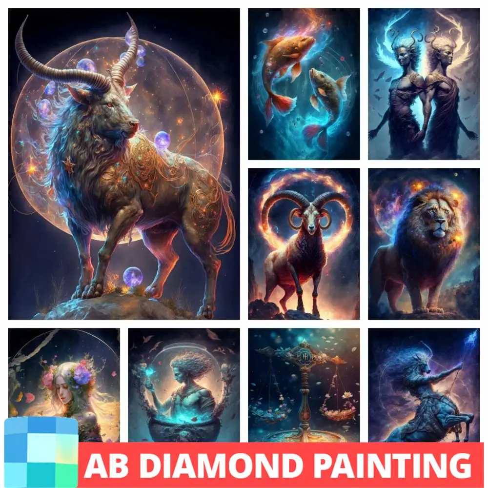 AB Fantasy Animal Twelve Constellation 5D Full Diamond Mosaic Zodiac Diy Diamond Painting Cross Stitch Kits Handmade Home Decor