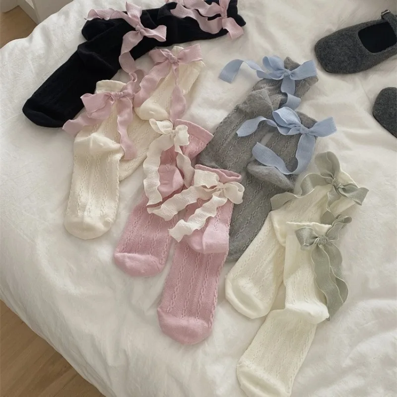 Kaus Kaki Wanita Stoking Pita Warna Solid Kaus Kaki Tabung Sedang Wanita Warna Polos Pita Wanita Stoking Lolita Manis