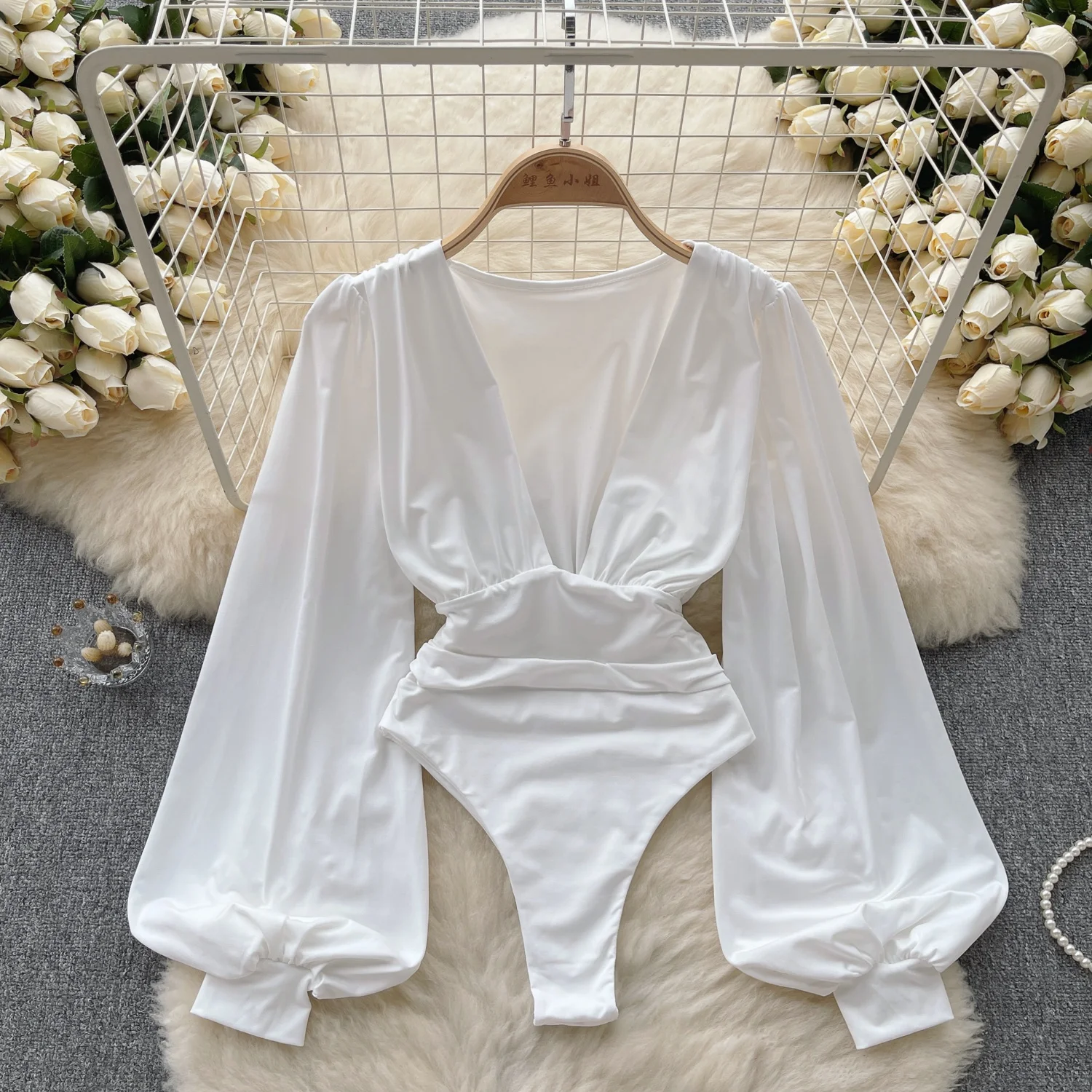 Elegant Deep V Neck Women's Bodysuits Solid Color Spring Summer Long Lantern Sleeve High Waist Slim Club Party Body Tops