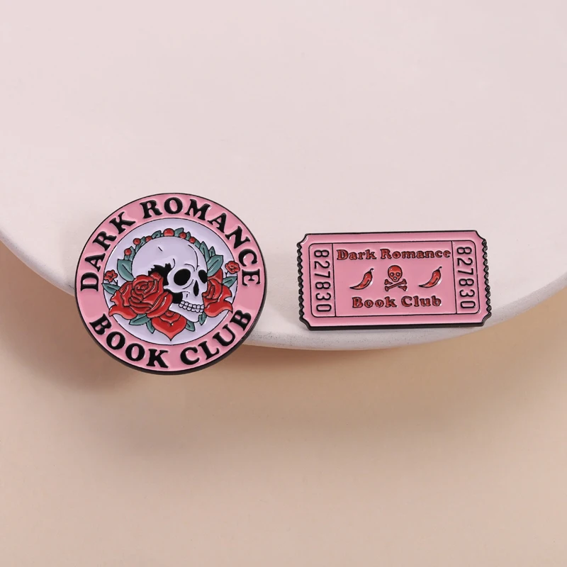 Dark Romance Book Club Enamel Pin Gothic Skeleton Ticket Bookmark Book Lover Brooch Lapel Badge Jewelry Gift for Bookish Friends