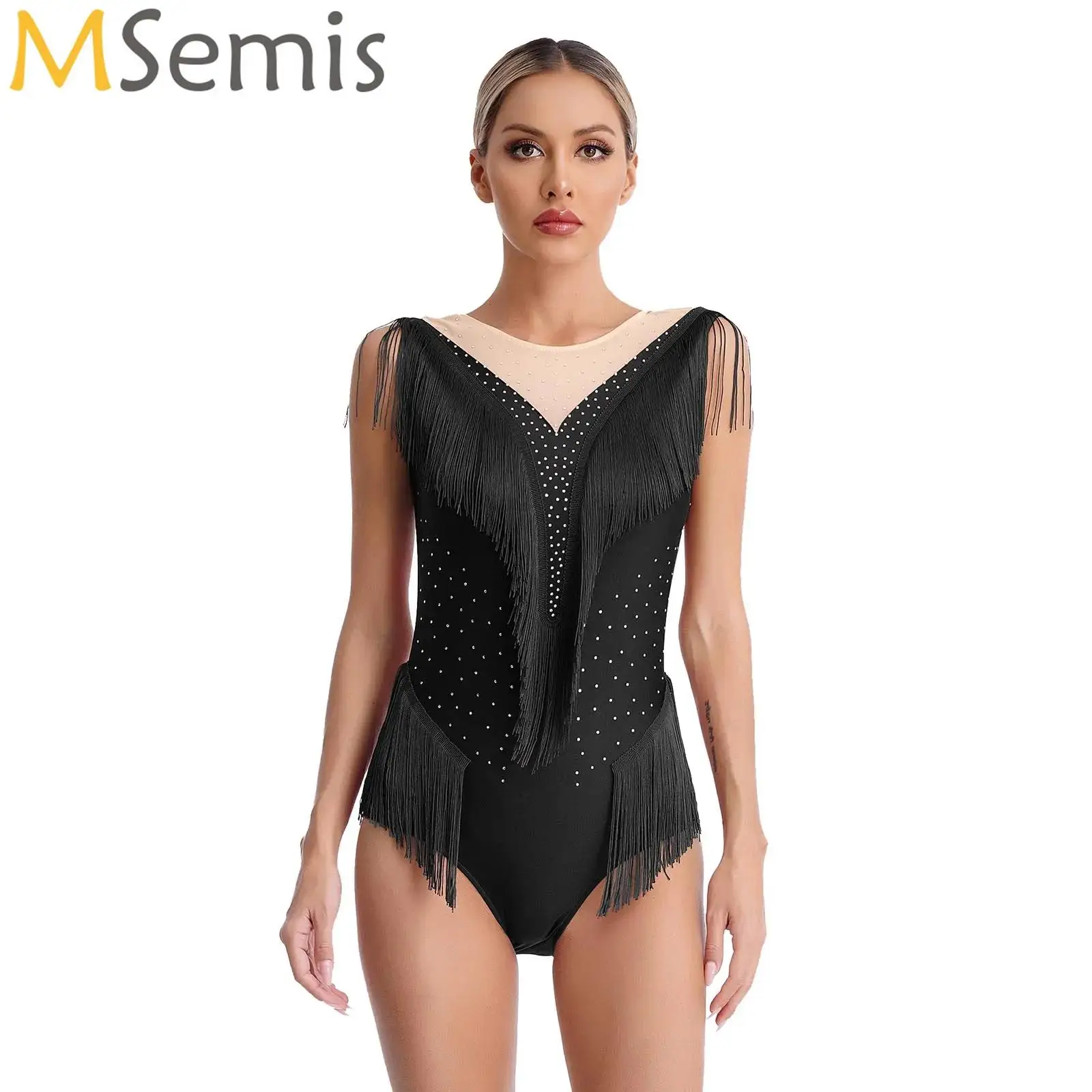 Women Sheer Mesh Tango Latin Dance Dress Performance Rhinestone Sleeveless Tassel Leotard Patchwork Bodysuit Gymnastic Dancewear