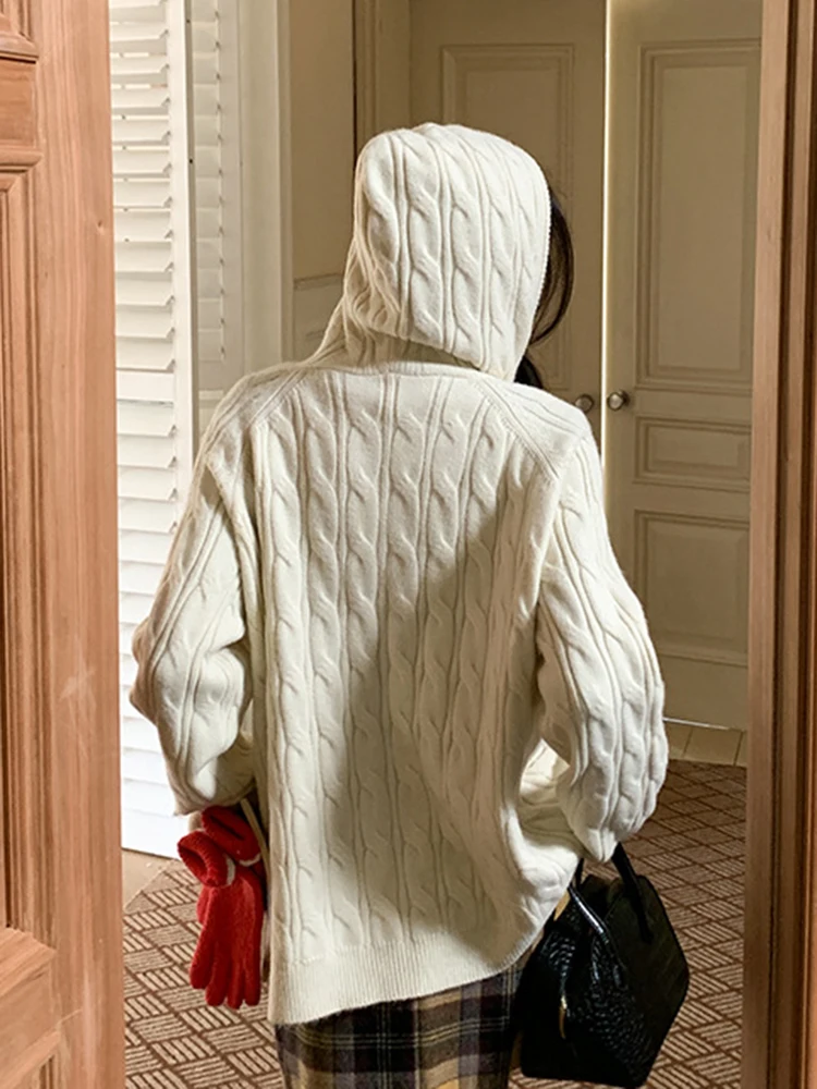 ヴィンテージカジュアルフード付きニットカーディガンセーター女性ルーズストリートウェア怠惰な風ジャケット長袖ダブルジッパーレトロトップス新