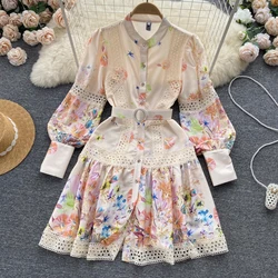 Runway Women Single Breasted Mini Dress Lantern Long Sleeves Sashes Boho Vintage Dress Fashion Lady OL Floral Print Lace Robe