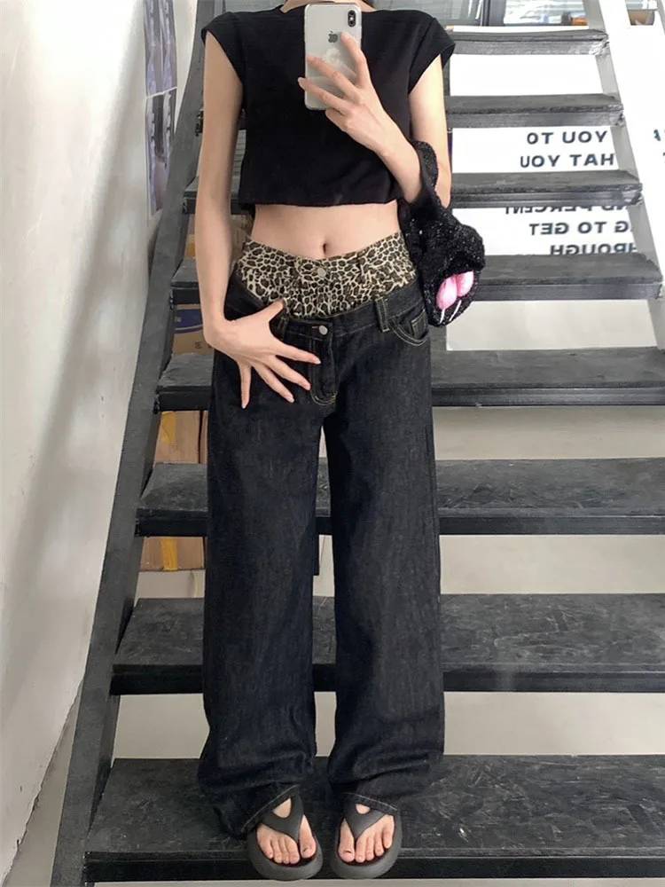 

American Vintage High Waist Patchwork Jeans Women's Casual 2000s Pants Baggy Y2K Black Grunge Leopard Print Washed Denim Trouser