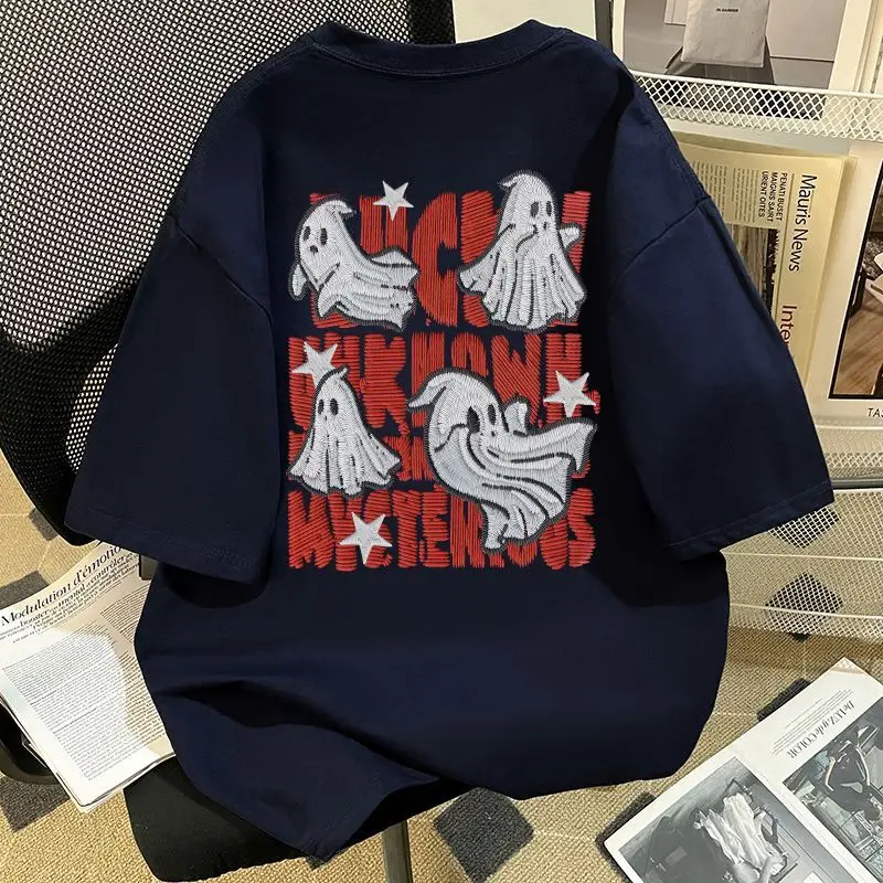 

Letter Cute Ghost Print Heavy T-shirt for Women in Summer Loose Casual Versatile Short-sleeved Top