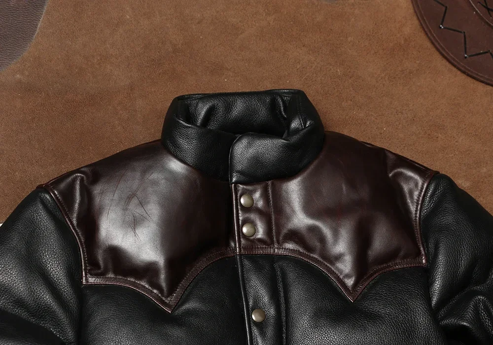Winter Extra Thick Leather Down Bread Jacket Men's Vintage Leather Jacket Warm Jacket with Cowhide and Duck Down