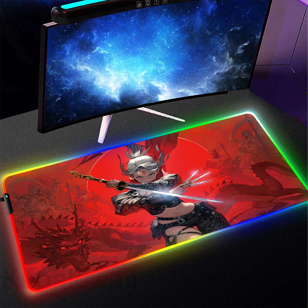 Anime Samurai Girl RGB Mouse Pad Gaming Mat Gamer XXL Mousepad LED Luminous Game Desk Pads Non-slip Rubber Backlit Mouse Mat