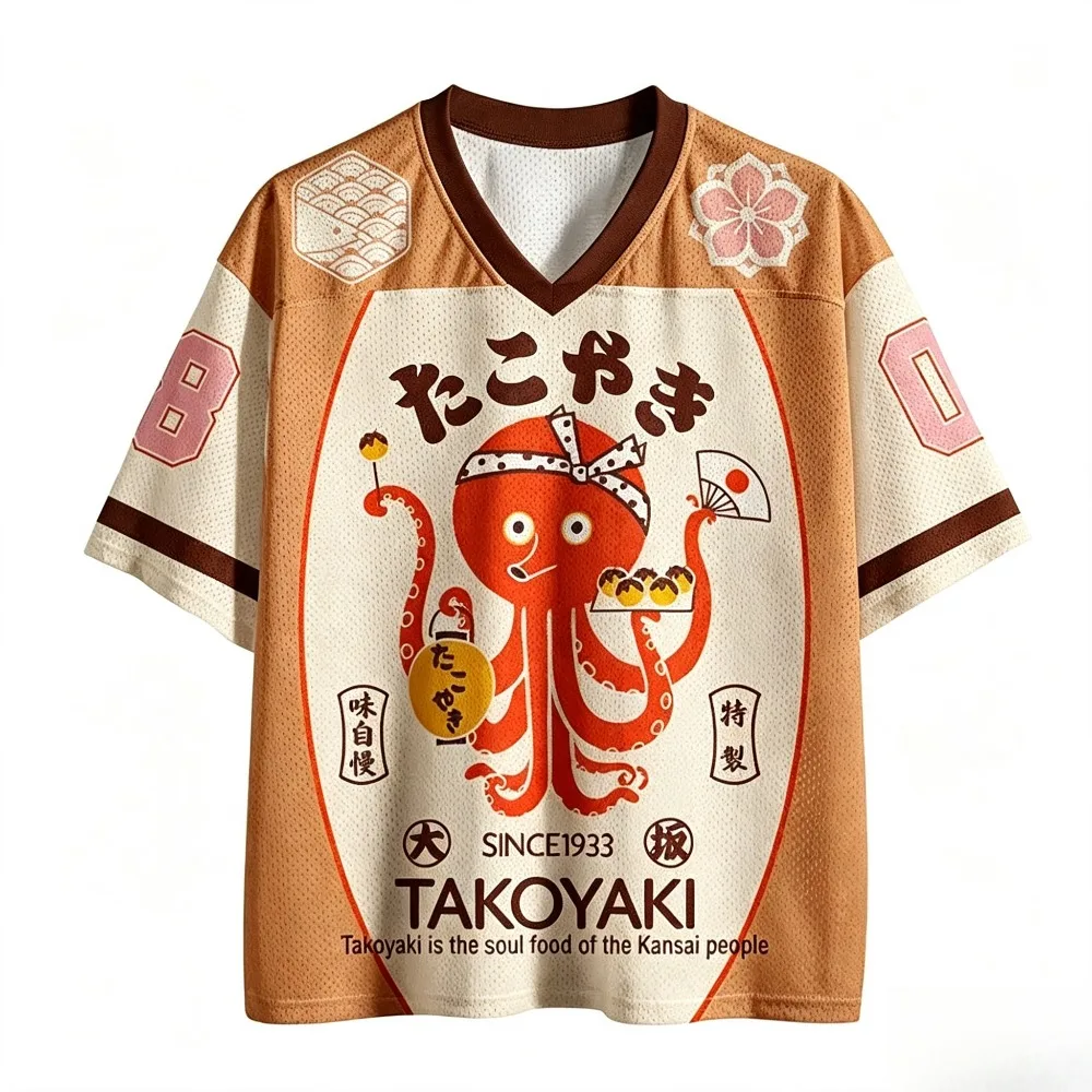 Retro Japanese Style Y2K Takoyaki Octopus Graphic Printed Mesh Breathable T‑shirt V‑Neck Short Sleeve Loose Tee for Adult & Kids