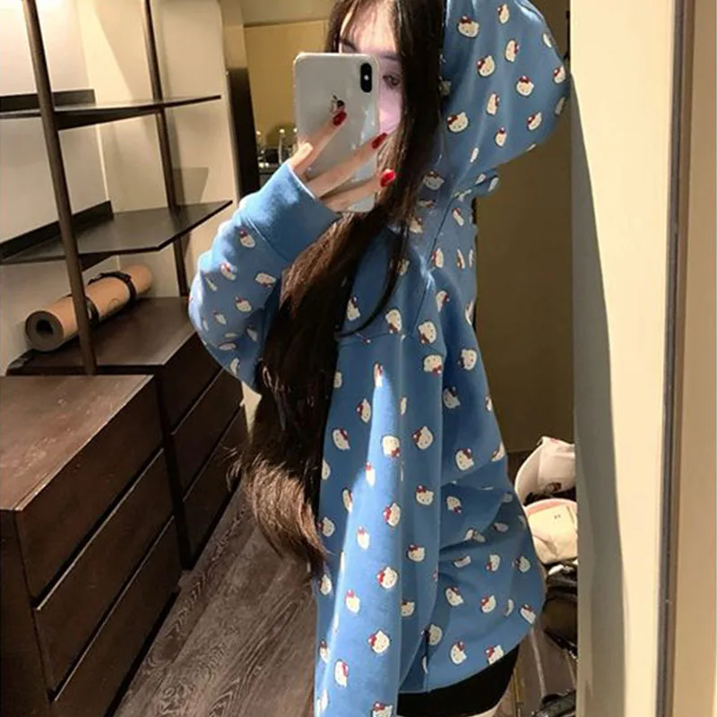 

Sanrios Hello Kittys Толстовка на молнии с принтом в Корейском стиле Хип-хоп Эстетическая куртка на молнии в стиле Харадзюку Модная готическая одежда 2000-х годов Y2K