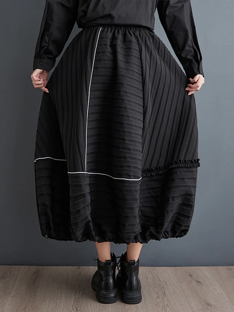 2023 Spring Autumn New Black Vintage Stripe High Waist Skirt Women Plus Size Loose Casual Long Skirts Fashion Elegant Clothing