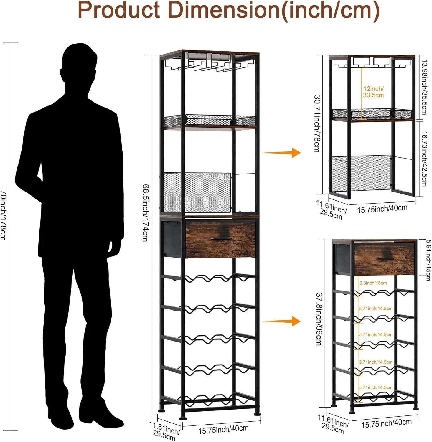 رف النبيذ المعياري القائم بذاته مع أقدام قابلة للتعديل وحامل زجاجي ودرج - يحمل 40 زجاجة لعرض شريط المنزل #3