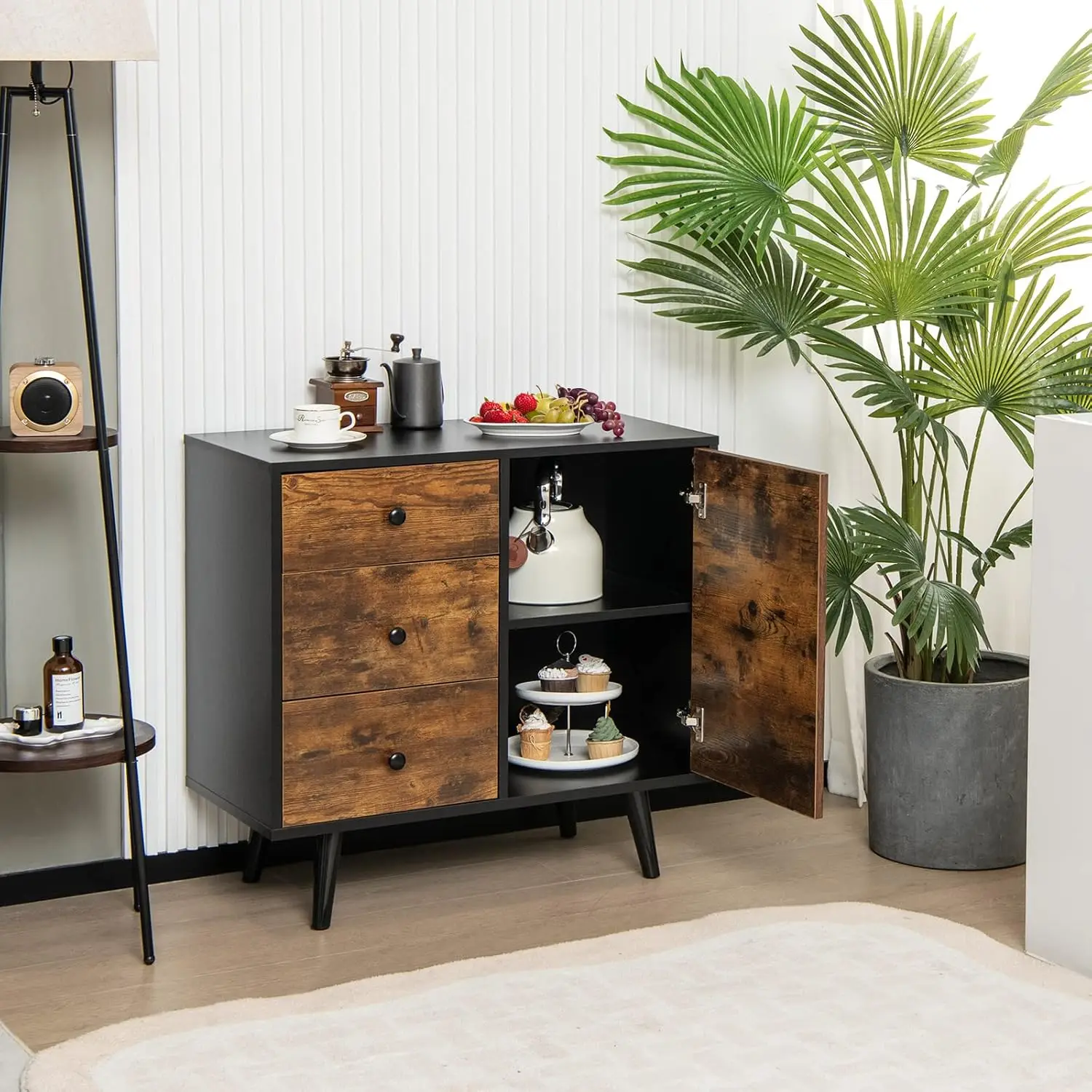 

Шкаф для хранения середины века, винтажный коричневый 3-х ящиков, регулируемая полка для спальни и офиса