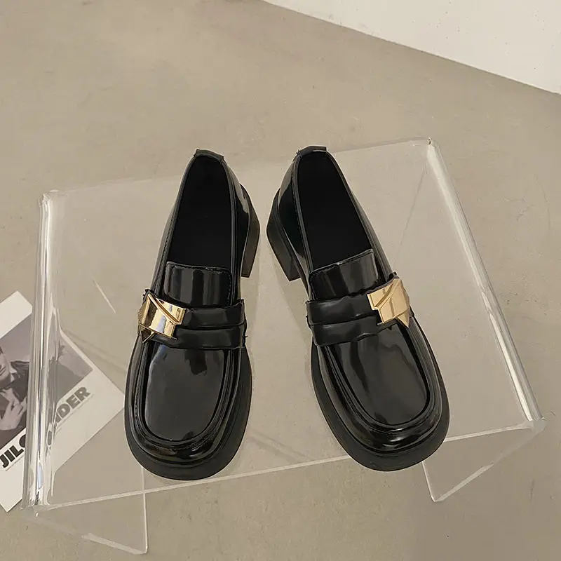 Loafersy na średnim obcasie Normal Leather Casual Black Shoes for Women 2024 Square Ladies Summer Footwear Chic and Elegant Y2k 39