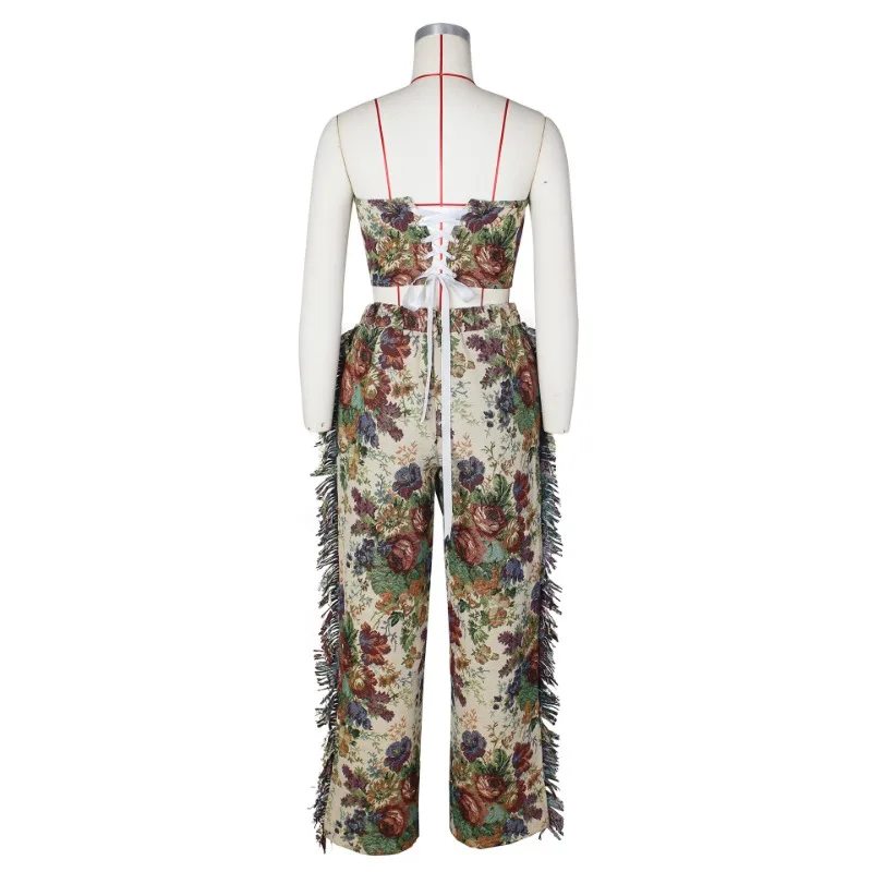 Floral Jacquard Women 2 Piece Set Adjustable Lace Up Back Strapless Crop Tops + Elastic Waist Pockets Tassel Cargo Pants Suits