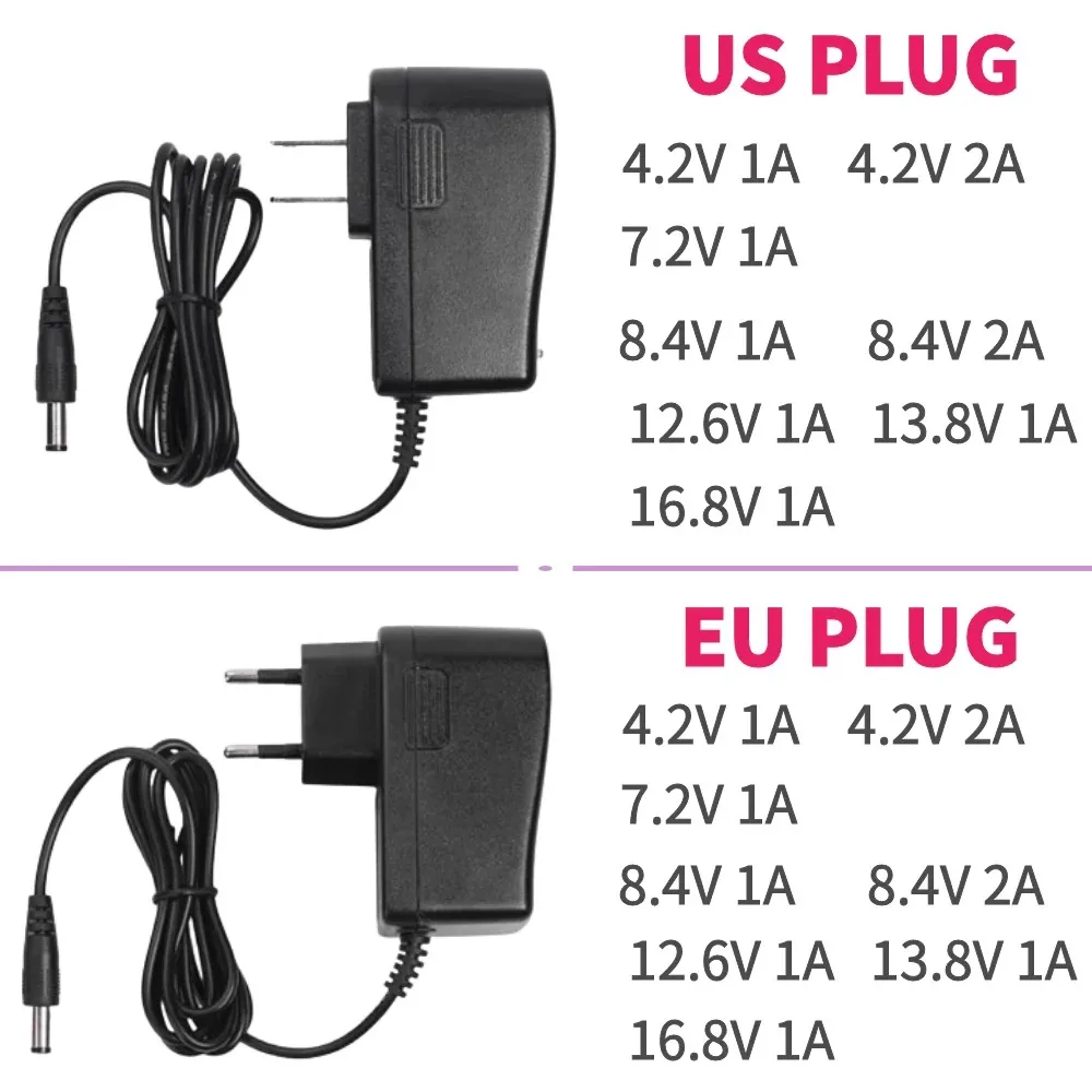HONGPOE DC 4.2V 7.2V 8.4V 12.6V 13.8V 16.8V 1A 2A 18650 Lithium Battery Charger Power Supply Adapter AC 100V-240V 5.5mm X 2.1mm