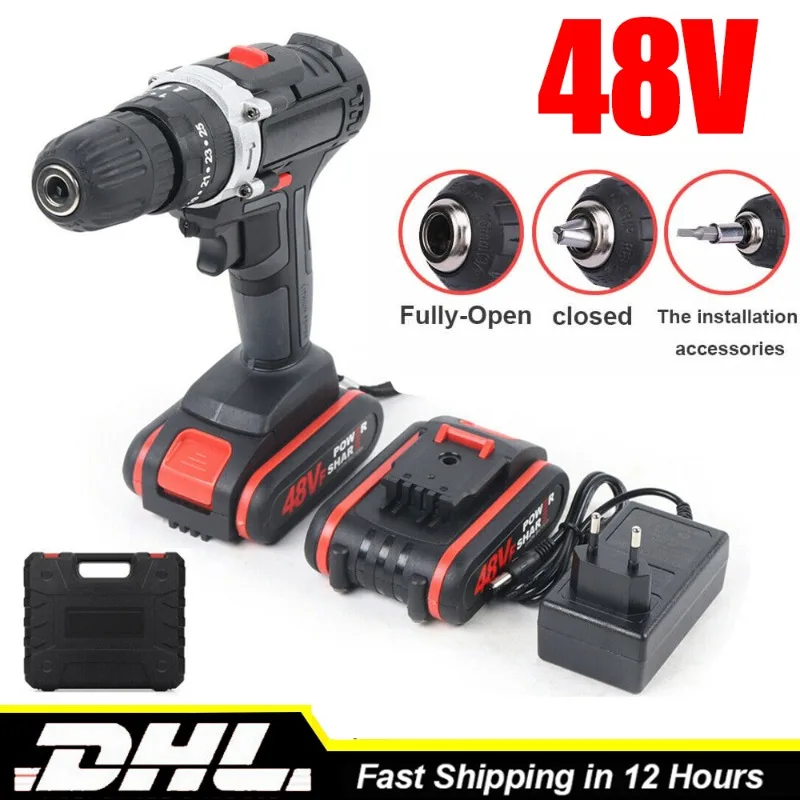 48VF Akku-Schlagschrauber, Multifunktionaler Wiederaufladbarer Handbohrhammer, Elektrowerkzeug-Set, 2 Lithium-Ionen-Akkus + Komplettes Bohrbit-Zubehör + Tragbare Werkzeugbox für Holz-, Metall- und