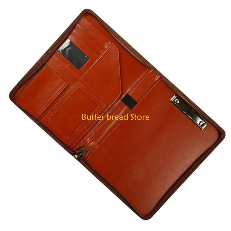 W89C Zippered PU Conference Folder Multiple Compartment File Case with Clipboard Multiple Pocket Card Holder Elastic Pen Slot