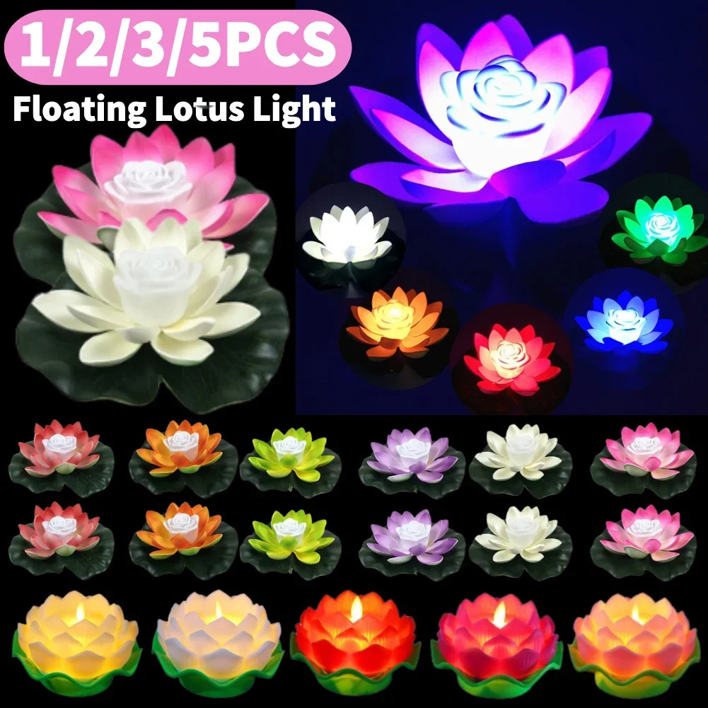 1-5Pcs LED Waterproof Floating Lotus Night Lights Battery Operated Artificial Lily Flower Lamp Garden Fish Tank Water Pond Decor