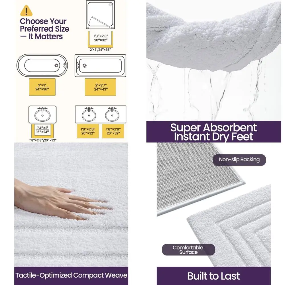 

Ultra-Soft 43x24 Non-Slip Shower Mat, Absorbent Bathroom Rugs, Washable Bath Carpet for Tub and Sink, White