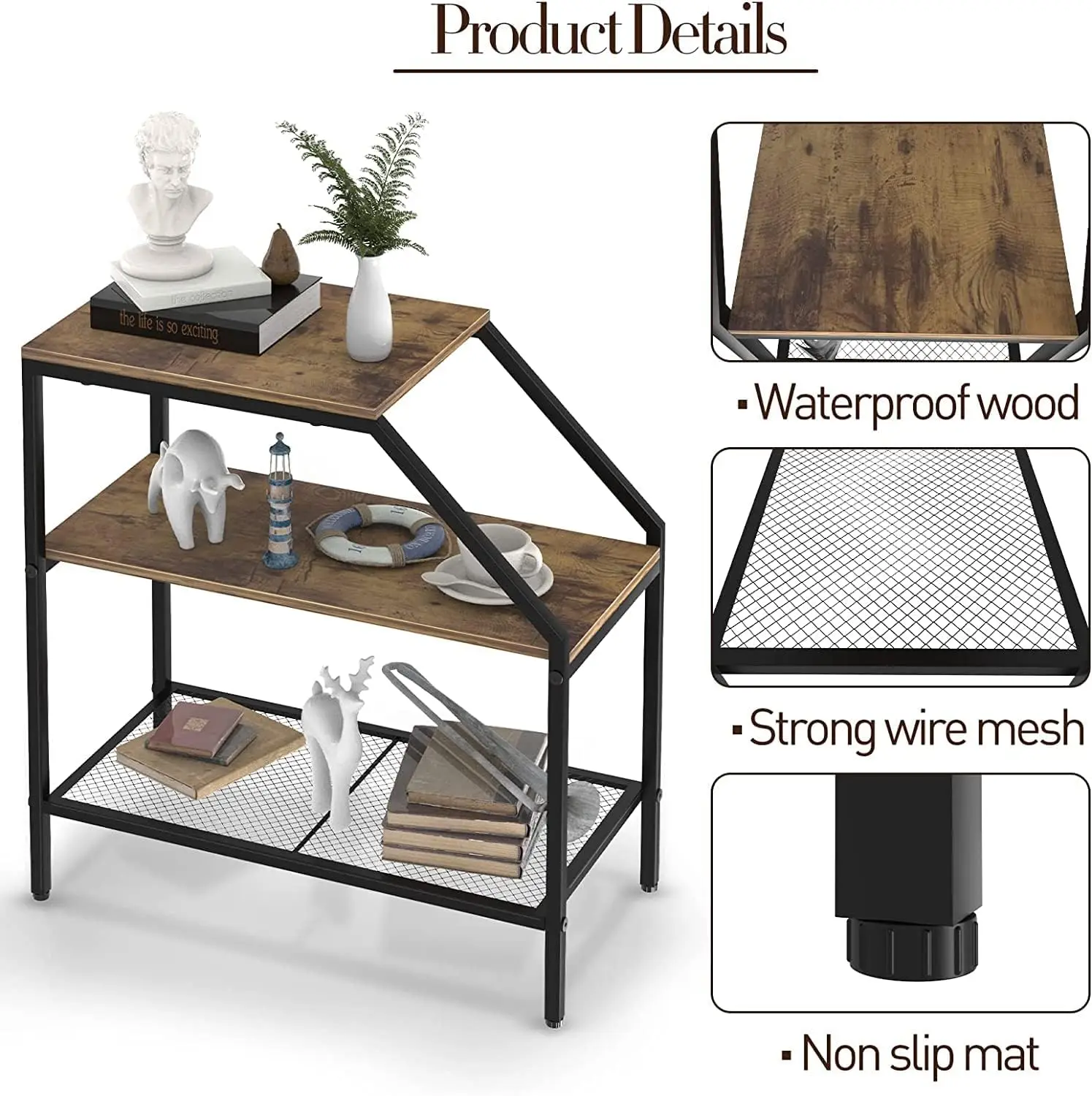 End Table 3 Tiers 2Pcs Wood Nightstand With Storage Ladder Shelf,Industrial Sofa Side Table For Small Space, Modern Trapezoid