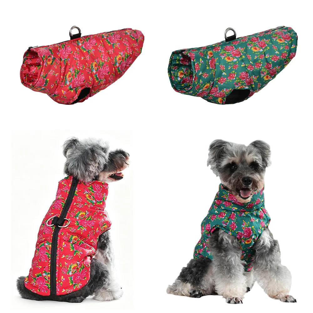 Hundebekleidung, dicke warme Jacke mit Blumenmuster und D-Ring für kleine und mittelgroße Hunde, Katzen, Schnauzer, Bulldoggen-Kostüm