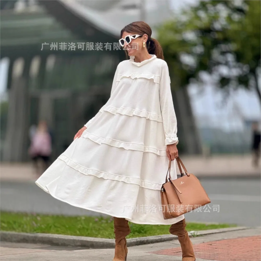 

Spliced ​​round Neck Ruffle Dress Spring Autumn New Women's Solid Color Loose Long Sleeves Long Dress With Pockets Ropa Mujer