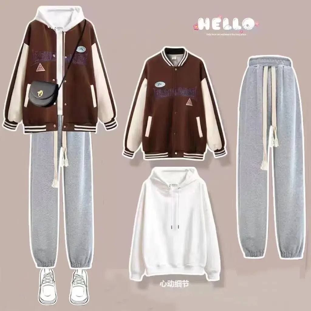 Spring and Autumn Suit Female Student Korean Version Loose Baseball Uniform+casual Pants College Style Three Piece Suit Fashion