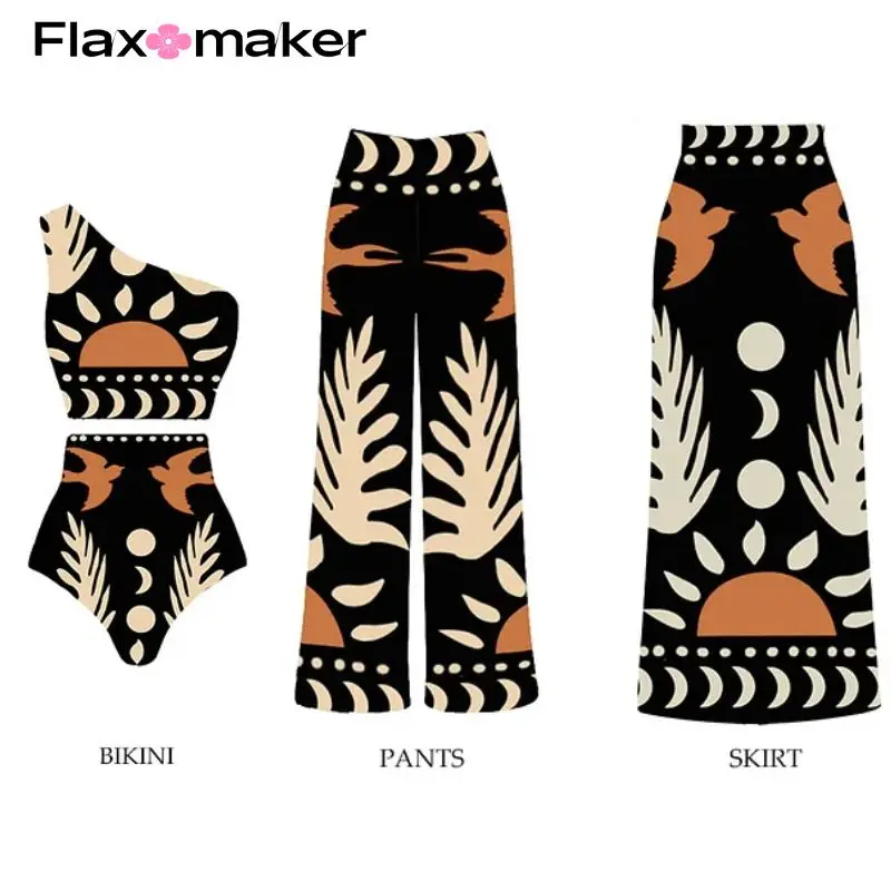 

FLAXMAKER One Shoulder High Waist Bikini Swimsuit and Pants Summer Swimwear Women Beachwear