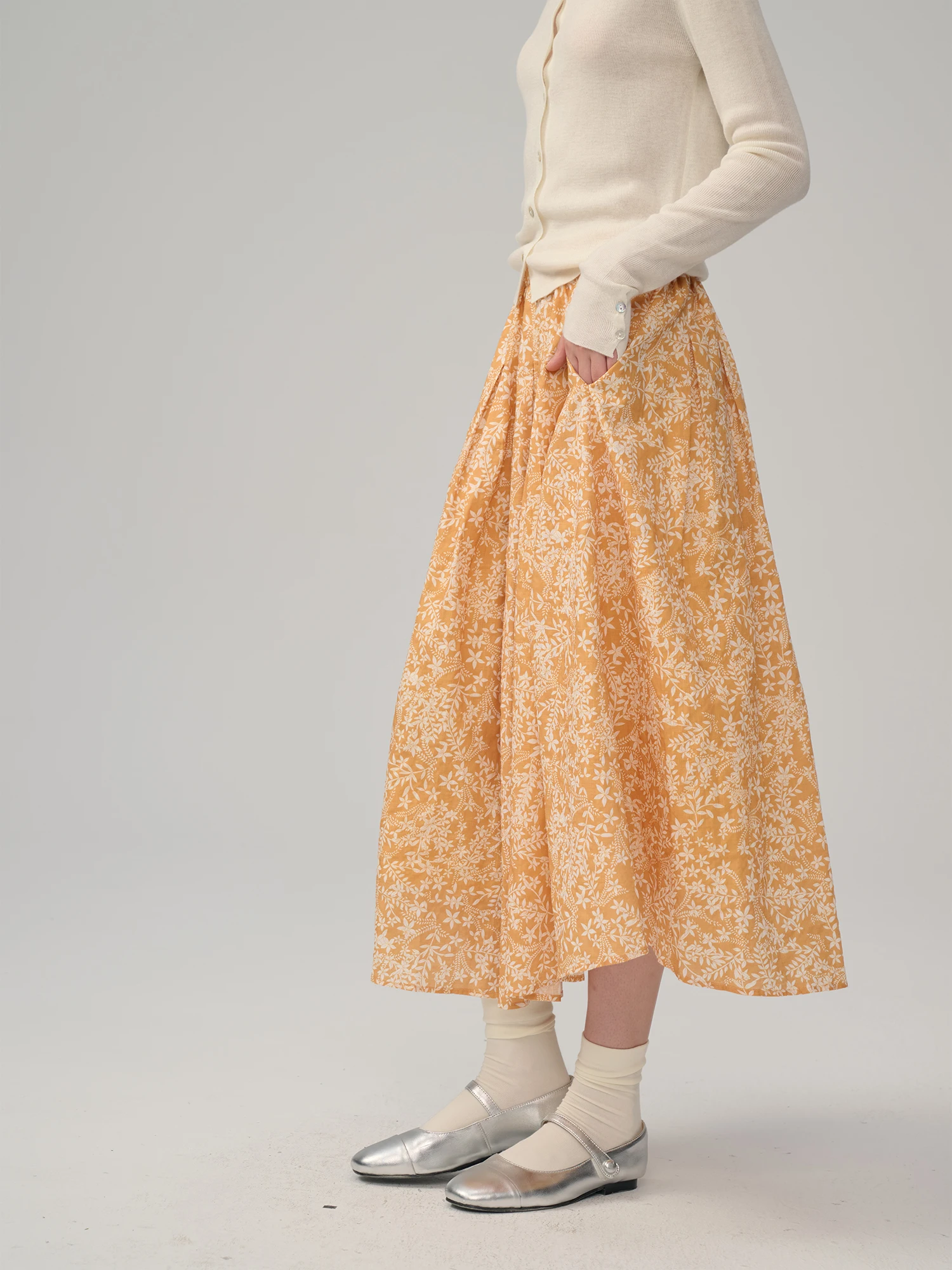 

Юбка миди Sullenger из чистого хлопка с цветочным принтом, женская летняя, с эластичной талией, желтая, повседневная, А-силуэт, для офиса и прогулок