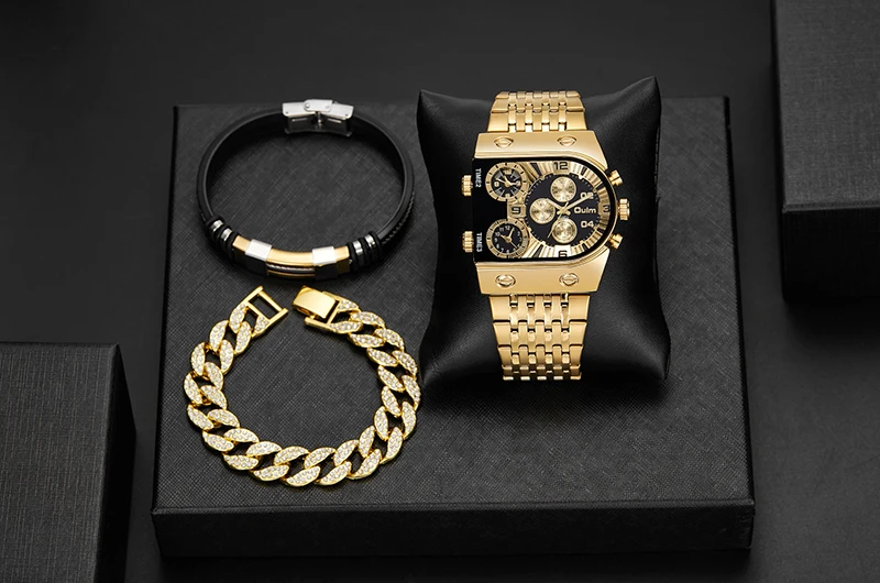 Gift Set Luxury Men Watch Chronograph Gold Watches Hip Hop Bracelets Big Dial Male Golden New Wristwatch Clock Relogio Masculino