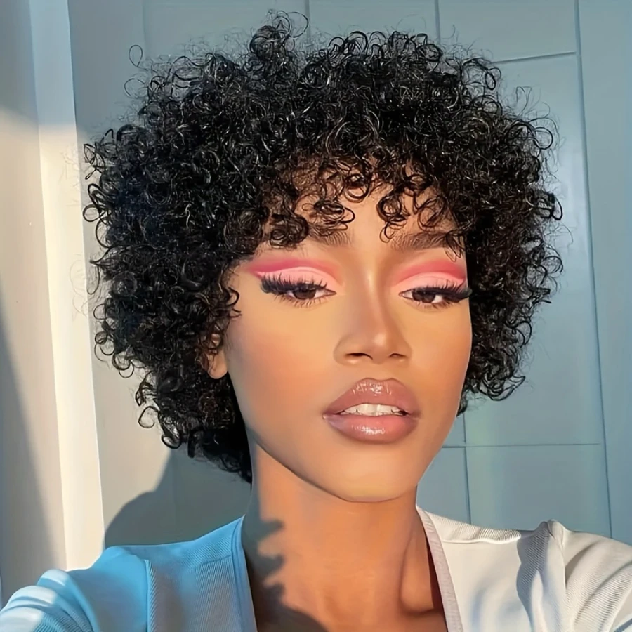 アフロ縮れ毛ウェーブウィッグ　密度150%　6インチピクシーカット　アフロ縮れ毛人毛ウィッグ　女性用　総マシンメイドウィッグ
