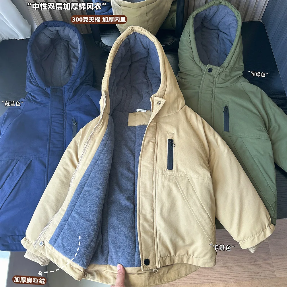 3 Color Winter New Boys Jacket Solid Color Lining Plush Thick Warm Hooded Zipper Windbreak For 3-10Y Kids Leisure Cotton Outwear