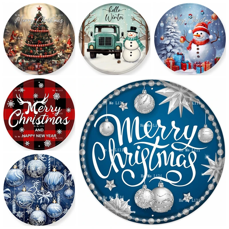 Funny Christmas Ball Snowmen Xmas Tree Wreath Merry Christmas Blue And Silver Ornament Round Metal Sign