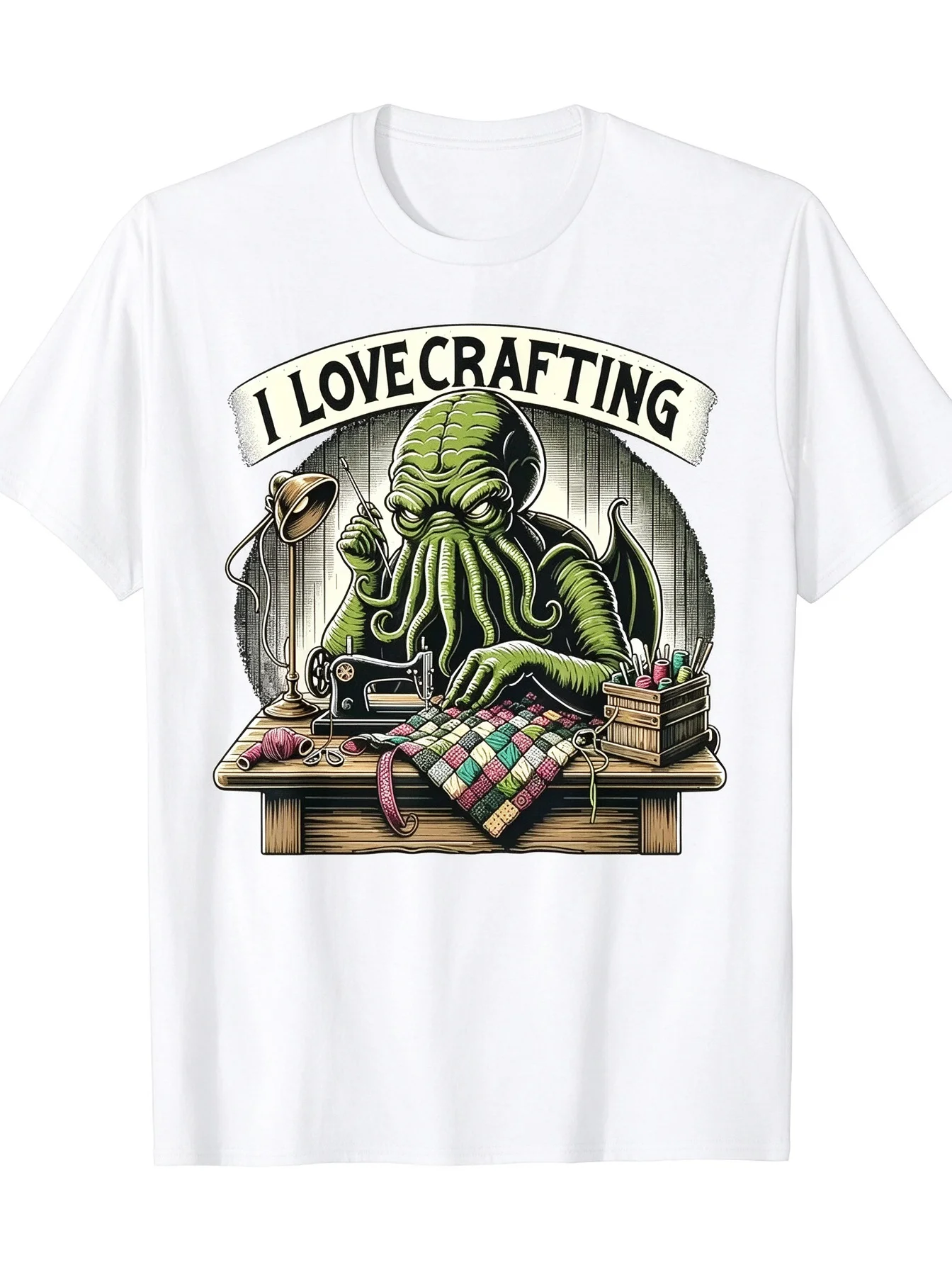 Men Women Monster Craft Sewing Printed Tee Vintage Style Loose Summer Short Sleeve Cotton Casual T-Shirt