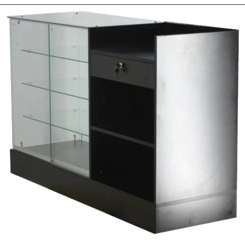 Custom. Frameloze Glazen Display Met Kassa Staan Houten Structuur Met Door Multifunctionele Kassier Teller Glazen Show