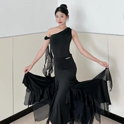 New Ballroom Dance Dress Women Slant Shouder Tops Black Ruffled Skirt Waltz Performance Clothes Ballroom Practice Wear BL13465