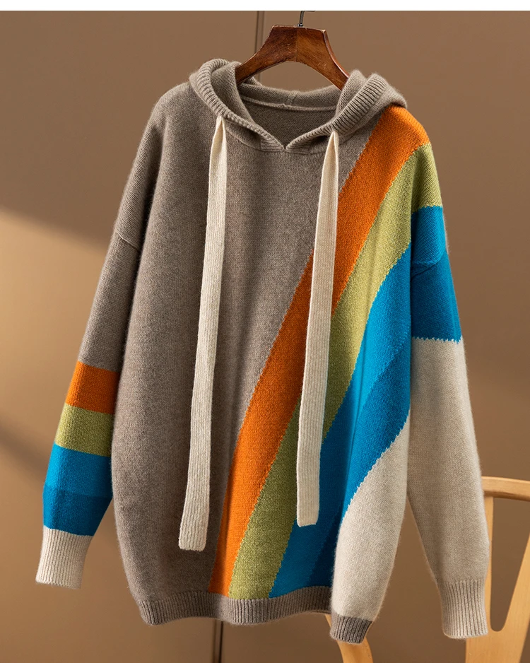 Autumn/Winter 2022 new rainbow inlaid loose and thick hooded 100% pure cashmere sweater women's hoodie long sleeve