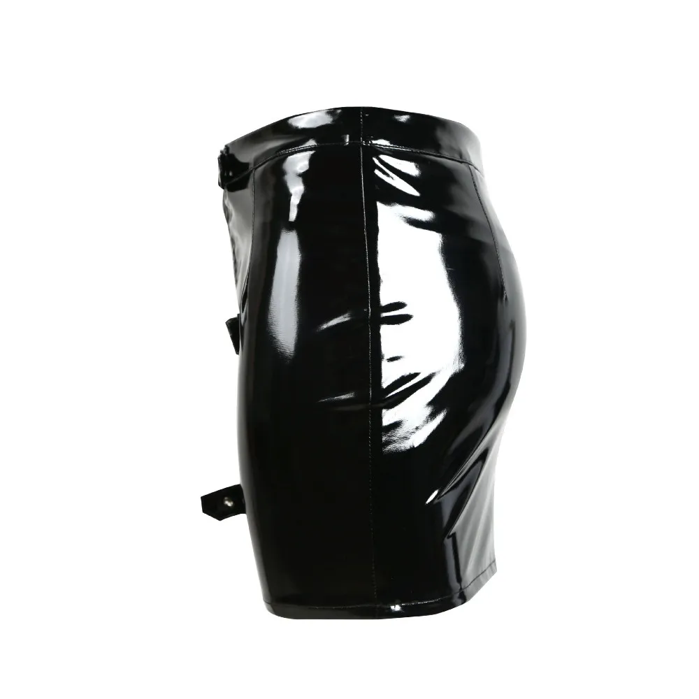 

Women Black Soild Adjustable Keyhole Zip High Waist Slim Glossy Latex PU Leather Mini Bodycon Skirt Rave Party Clubwear Costume