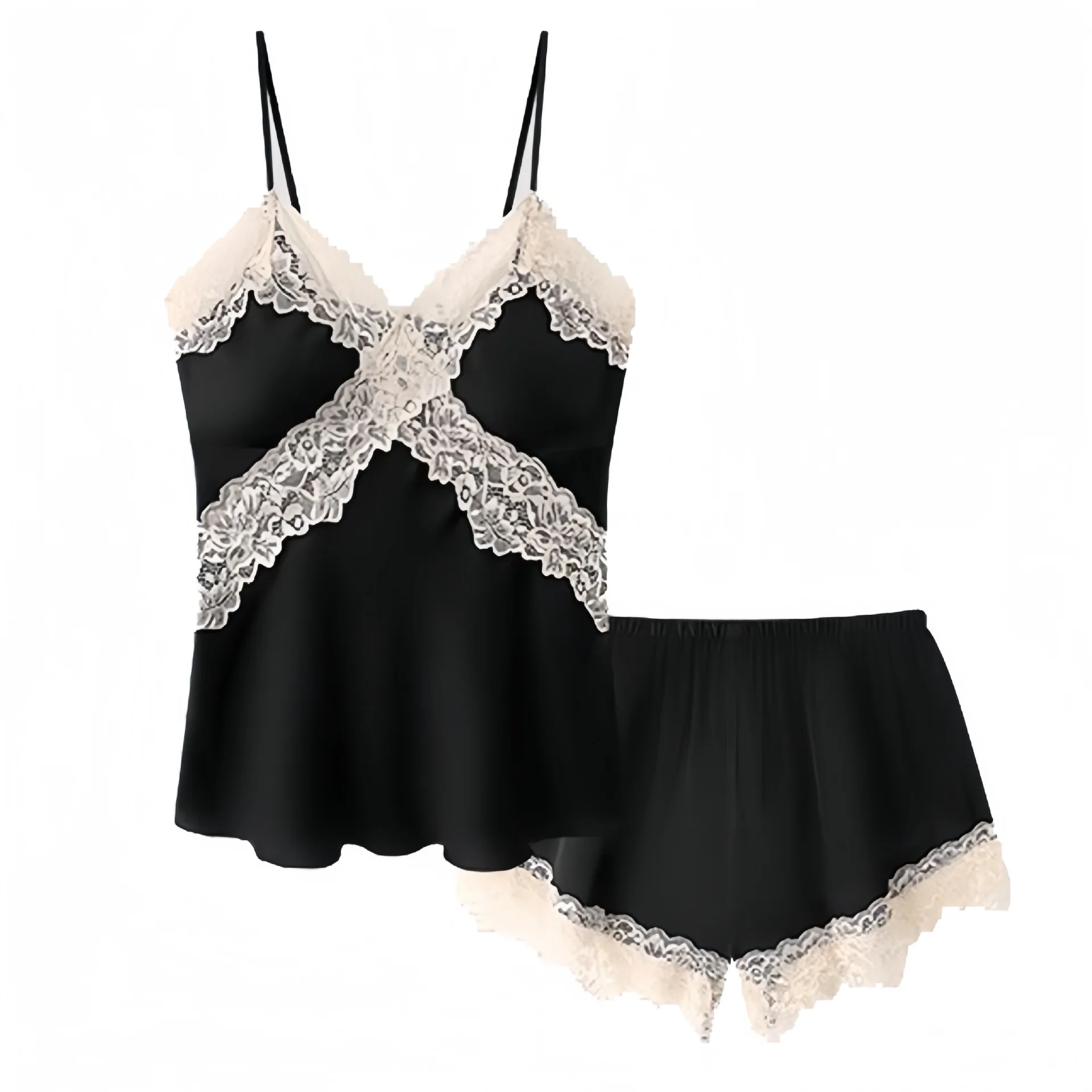 

Women Lace Trim Pajama Set Sexy Cami Top and Shorts Sleepwear Loungewear Two Piece Set home clothes Nightwear Black Plus Size