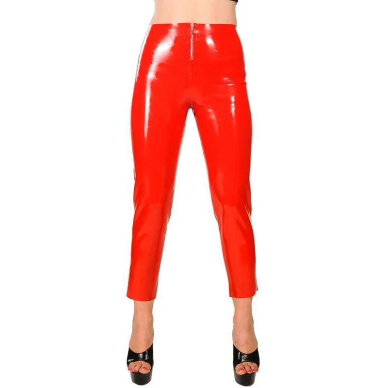 

Red Sexy Latex Leggings With Front Short Zippers And Zip At Bottom Back Rubber Pants Jeans Trousers CK-0107