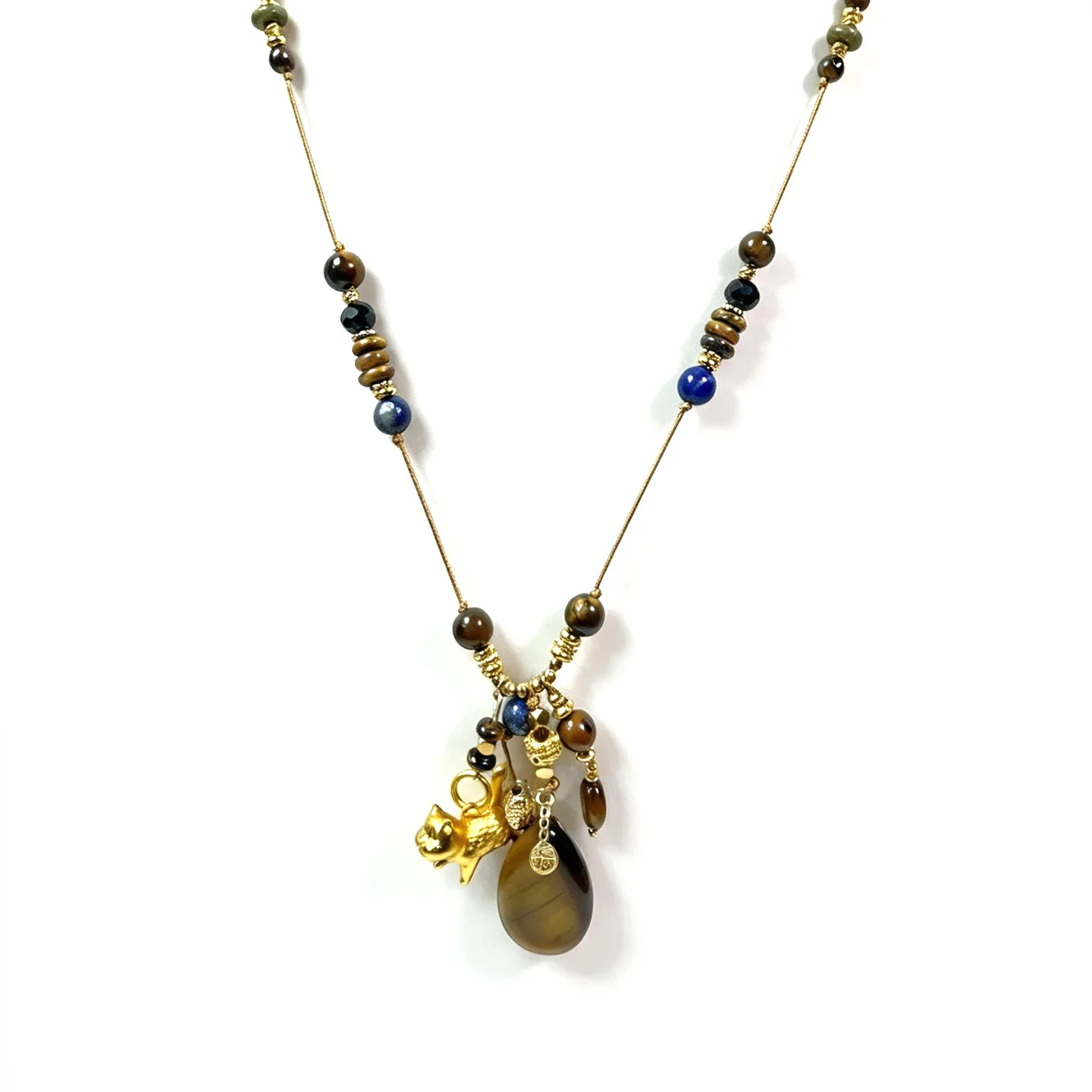 Chinese Style Lucky Blessing Natural Tiger Eye Stone Golden Cat Pendant Necklace Handmade Woven Adjustable Long Sweater Chain