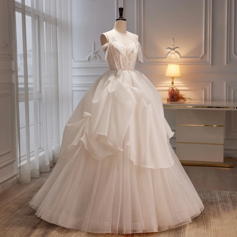 Anxin sh princesa fora branco flor renda vintage cinta de espaguete beading pequeno arco babados vestido de baile vestido de noite personalizado