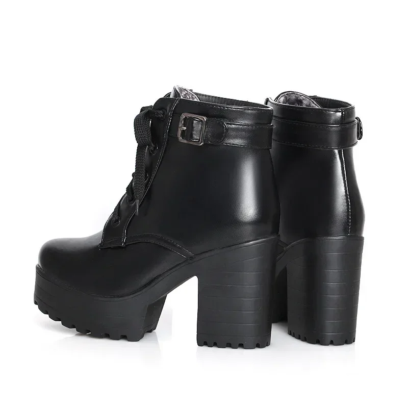 Autumn Shoes Boots Boots Women Round Toe Buckle Shoes Women High Heel Fashion Plus Size Square Heels Lacing 3 Colors