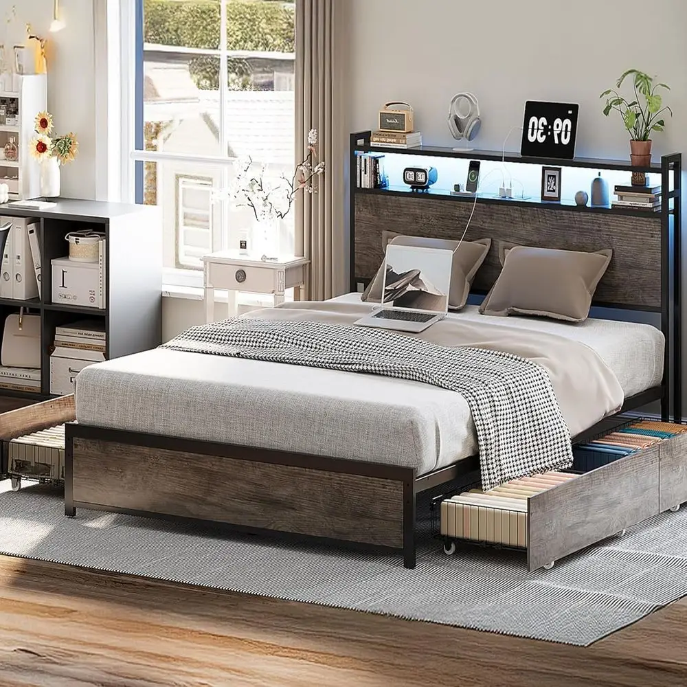 

Металлическая кровать-платформа с 4 ящиками для хранения, регулируемыми полками и зарядной станцией — подходит для детей, подростков и взрослых, без дополнительных функций.