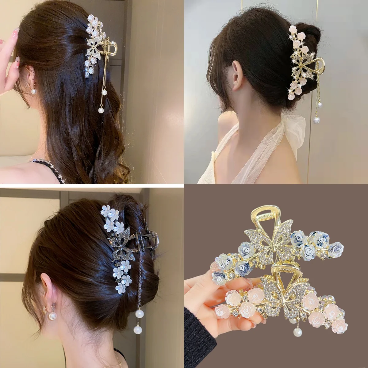 

Butterfly Hair Clips Glitter Rhinestone Flower Tassel Hair Claw For Women Girls Light Luxury Jewelry Hair Accessories