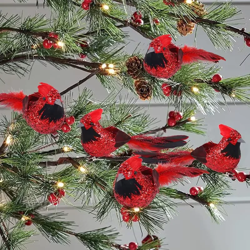 LUSQI 6PCS Red Feather Glitter Bird Ornaments Waterproof Christmas Tree Hanging Decor Wedding Party Garden Decoration Gift