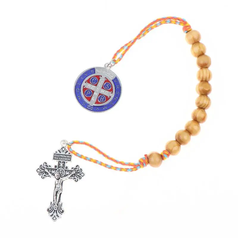 Brauner Holz-Rosenkranz St. Benedikt, handgefertigt, mit Gebetsmedaille, tragbares religiöses Accessoire, Schreibtischdekoration, Geschenk für gläubige Katholiken – Detail 6