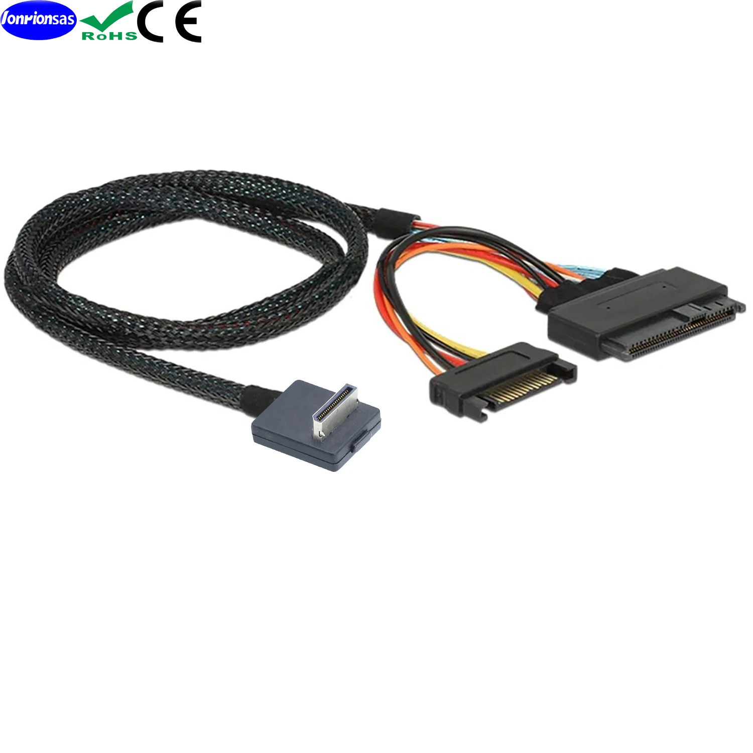 LONRIONSAS# PCIe Oculink SFF-8611 4I 90 Degree Adapter Cable to U.2 SAS SFF-8639 with SATA 15P Male Power for NVME SSD