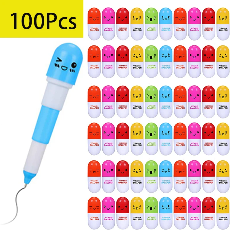 Novidade Retrátil Pill Caneta Esferográfica, Sorrindo Face Ball Pen, Cute Cartoon Emotion, Presente, 100Pcs